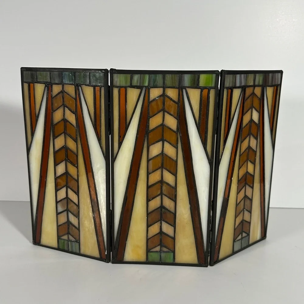 PARTYLITE THREE PANEL STAINED GLASS VOTIVE FRANK LLOYD WRIGHT PRARIE CRAFTSMAN
